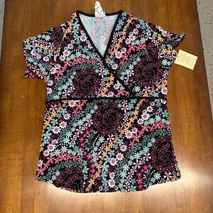 Floral V-Neck Scrub Top - Pink, Blue, Black